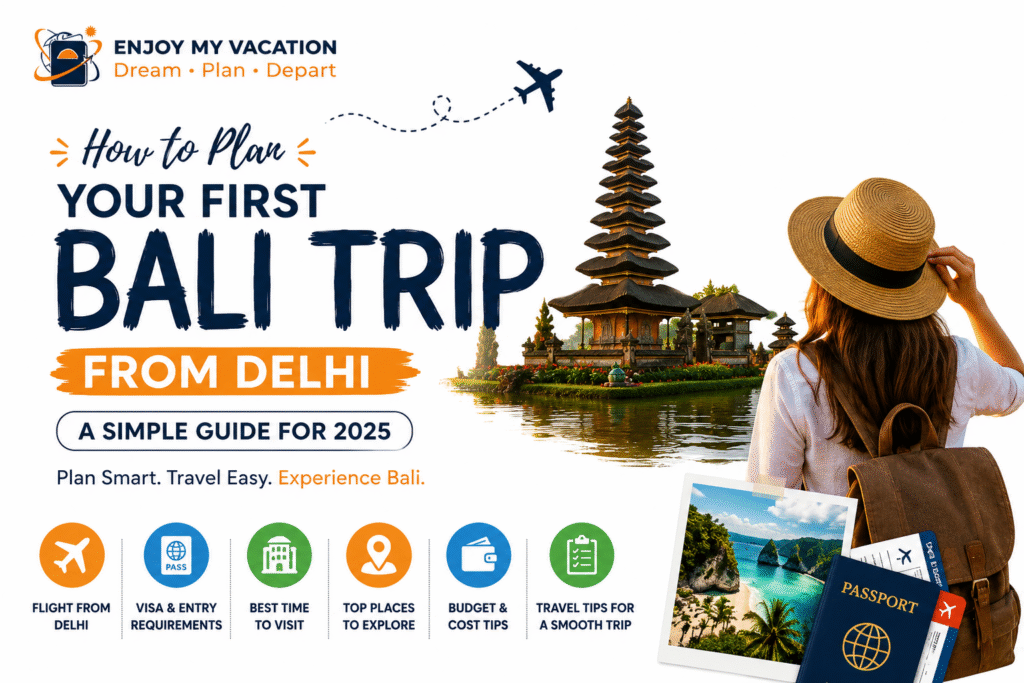 Bali trip from Delhi travel guide 2025 featuring Bali temple, travel essentials, flight information, visa tips, budget planning, and sightseeing guide